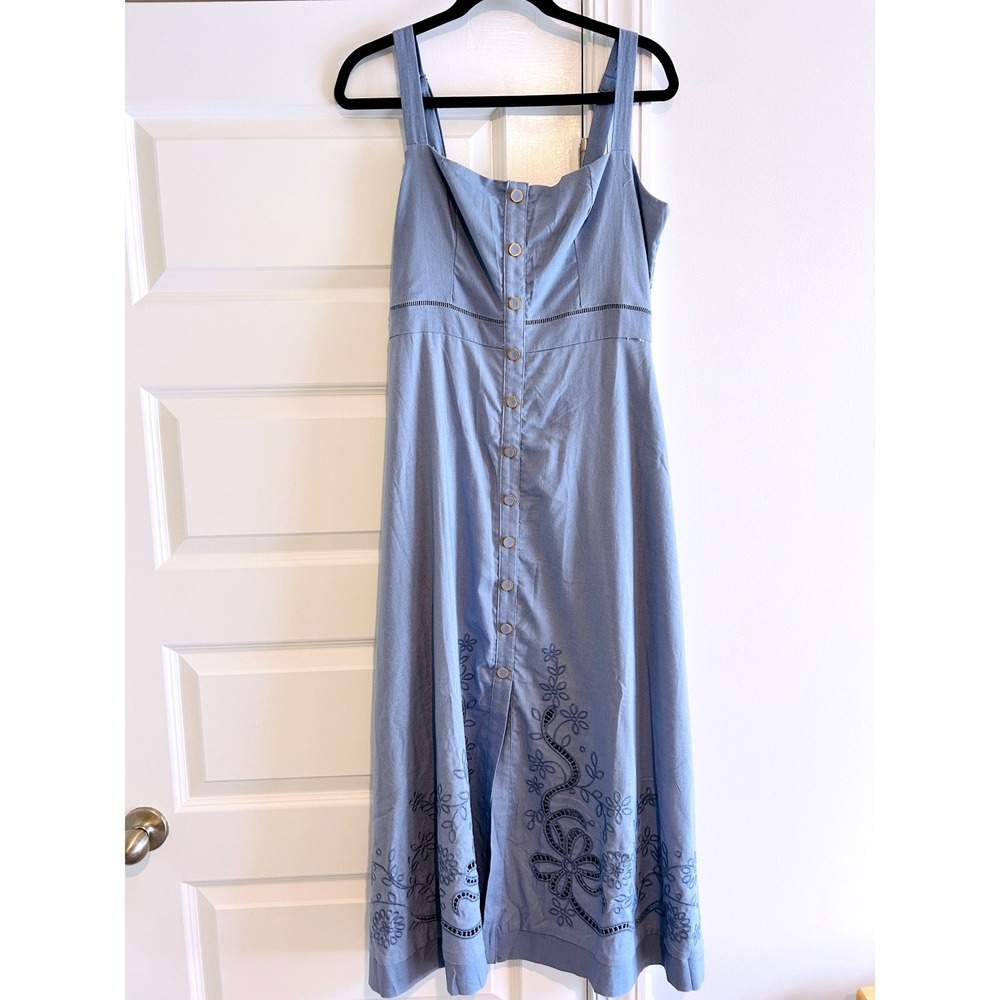 Moon River Blue Linen Blend Embroidered Eyelet Button Front Maxi Dress Large - Picture 2 of 6